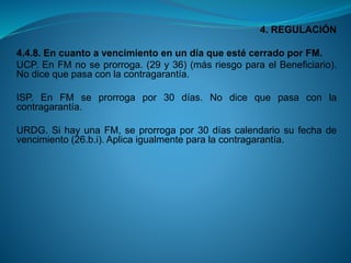 4. REGULACIÓN 
4.4.8.EncuantoavencimientoenundíaqueestécerradoporFM. 
UCP.EnFMnoseprorroga.(29y36)(másriesgoparaelBeneficiario). Nodicequepasaconlacontragarantía. 
ISP.EnFMseprorrogapor30días.Nodicequepasaconlacontragarantía. 
URDG.SihayunaFM,seprorrogapor30díascalendariosufechadevencimiento(26.b.i).Aplicaigualmenteparalacontragarantía.  
