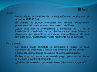 El Aval 
Objetivo: 
Noloafectalainvalidezdelaobligacióndeldeudorconelacreedor(636C.Co). 
Elavalistanopuedeinterponerlasmismasexcepcionespersonalesdelavalado,solopersonalesodeltítulo. 
¿QuépasaconlainexistenciaoineficaciadelTVolainexistenciaoineficaciadelarelacióncausalentreDeudoryAcreedor?,porejemplosiseincluyeunadeclaracióndequehayactadeJDautorizandoyestarealmentenoseconvocó. 
Puroysimple. 
Nopuedeestarsometidoacondiciónoplazo.Siestásometido¿Elavalmutaafianzaoseentiendepornoescrita? 
Puedesertotaloparcialencuantoalmontogarantizado. 
Problemaenelparcialsielavalistapaga,puesaunnotieneelTVparaircontraelotorgante. 
¿Recibodelacreedorprestaméritoejecutivovselotorgante?  