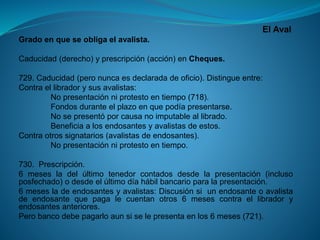 El Aval 
Gradoenqueseobligaelavalista. 
Caducidad(derecho)yprescripción(acción)enCheques. 
729.Caducidad(peronuncaesdeclaradadeoficio).Distingueentre: 
Contraellibradorysusavalistas: 
Nopresentaciónniprotestoentiempo(718). 
Fondosduranteelplazoenquepodíapresentarse. 
Nosepresentóporcausanoimputableallibrado. 
Beneficiaalosendosantesyavalistasdeestos. 
Contraotrossignatarios(avalistasdeendosantes). 
Nopresentaciónniprotestoentiempo. 
730.Prescripción. 
6mesesladelúltimotenedorcontadosdesdelapresentación(inclusoposfechado)odesdeelúltimodíahábilbancarioparalapresentación. 
6mesesladeendosantesyavalistas:Discusiónsiunendosanteoavalistadeendosantequepagalecuentanotros6mesescontraellibradoryendosantesanteriores. 
Perobancodebepagarloaunsiselepresentaenlos6meses(721).  