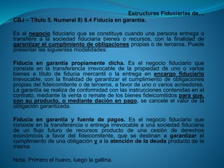 Estructuras Fiduciarias de… 
CBJ–Título5,Numeral8)8.4Fiduciaengarantía. 
Eselnegociofiduciarioqueseconstituyecuandounapersonaentregaotransfierealasociedadfiduciariabienesorecursos,conlafinalidaddegarantizarelcumplimientodeobligacionespropiasodeterceros.Puedepresentarlassiguientesmodalidades: 
Fiduciaengarantíapropiamentedicha.Eselnegociofiduciarioqueconsisteenlatransferenciairrevocabledelapropiedaddeunoovariosbienesatítulodefiduciamercantilolaentregaenencargofiduciarioirrevocable,conlafinalidaddegarantizarelcumplimientodeobligacionespropiasdelfideicomitenteodeterceros,afavordeunoovariosacreedores. Lagarantíaserealizadeconformidadconlasinstruccionescontenidasenelcontrato,mediantelaventaorematedelosbienesfideicomitidosparaque, consuproducto,omediantedaciónenpago,secanceleelvalordelaobligacióngarantizada. 
Fiduciaengarantíayfuentedepagos.Eselnegociofiduciarioqueconsisteenlatransferenciaoentregairrevocableaunasociedadfiduciariadeunflujofuturoderecursosproductodeunacesióndederechoseconómicosafavordelfideicomitente,quesedestinanagarantizarelcumplimientodeunaobligaciónyalaatencióndeladeudaproductodelamisma 
Nota.Primeroelhuevo,luegolagallina.  