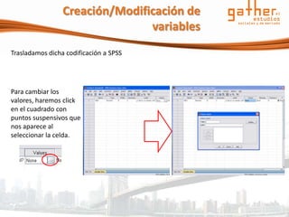 Creación/Modificación de
                                variables
Trasladamos dicha codificación a SPSS




Para cambiar los
valores, haremos click
en el cuadrado con
puntos suspensivos que
nos aparece al
seleccionar la celda.
 