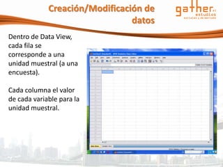 Creación/Modificación de
                                datos
Dentro de Data View,
cada fila se
corresponde a una
unidad muestral (a una
encuesta).

Cada columna el valor
de cada variable para la
unidad muestral.
 