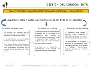 30/04/2014 GESTIÓN DEL CONOCIMIENTO Diana Campo - Liza Lizcano - Freddy Sánchez - Lady Serna 15
CARACTERÍSTICAS DE UNA ORGANIZACIÓN BASADA EN LA GESTIÓN DEL CONOCIMIENTO
Adquisición
Presentación
Transferencia
Utilización
Eliminación
Los principios sobre el cual se sustenta el sistema se han divido en tres aspectos:
En relación con las personas En relación con el sistema En relación con la tecnología
Las personas son evaluadas por su
conocimiento tácito y su contribución a la
generación del conocimiento experto.
La identificación del conocimiento tácito
se realiza por medio de competencias.
La red de aprendizaje con clientes/usuarios
y proveedores del conocimiento funcionan
como dinamizadores del sistema. Son la
principal fuente generadora de ideas
nuevas.
La principal función de conectividad de
un sistema de GC se centra en la
combinación entre cuerpos de
conocimientos diversos: estos se crean
en las diversas áreas funcionales y se
integran junto con la documentación
del conocimiento existente.
El principio es la proactividad o
emprendimiento en la búsqueda del
conocimiento, espíritu emprendedor
La tecnología está dirigida a
aumentar mayor circulación de
información y espacio para crear y
reforzar los espacios de aprendizaje.
Las herramientas se orientan a
almacenar el conocimiento tácito,
especialmente lo que se ha llamado
la “sabiduría documentada”
(mejores prácticas y lecciones
aprendidas).
 