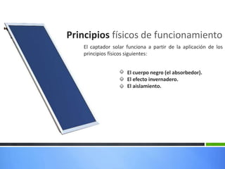 El captador solar funciona a partir de la aplicación de los
principios físicos siguientes:
El cuerpo negro (el absorbedor).
El efecto invernadero.
El aislamiento.
Principios físicos de funcionamiento
 