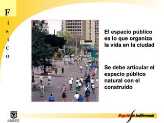 F Í S I C O El espacio público es lo que organiza la vida en la ciudad Se debe articular el espacio público natural con el construido 