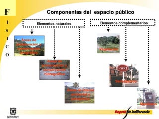 F Í S I C O Elementos naturales Áreas de preservación y conservación hidrográfica Áreas de interés ambiental y paisajístico Elementos complementarios Vegetación Señalización Mobiliario Áreas de preservación y conservación orográfica Componentes del  espacio público 