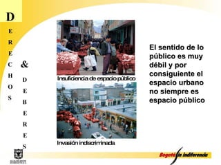 D E R E C H O S El sentido de lo público es muy débil y por consiguiente el espacio urbano no siempre es espacio público D E B E R E S & Insuficiencia de espacio público Invasión indiscriminada 