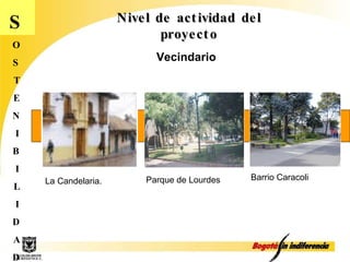 Nivel de actividad del proyecto S O S T E N I B I L I D A D Vecindario Parque de Lourdes Barrio Caracoli La Candelaria. 