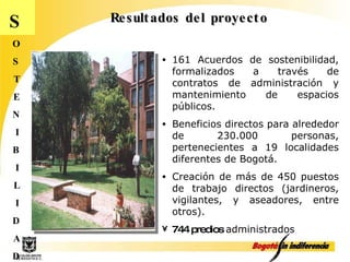 Resultados del proyecto S O S T E N I B I L I D A D 161 Acuerdos de sostenibilidad, formalizados a través de contratos de administración y mantenimiento de espacios públicos.  Beneficios directos para alrededor de  230.000 personas, pertenecientes a  19 localidades diferentes de Bogotá. Creación de más de 450 puestos de trabajo directos (jardineros, vigilantes, y aseadores, entre otros). 744 predios  administrados 