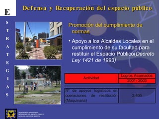 Departamento Administrativo  DEFENSORÍA DEL ESPACIO PÚBLICO ALCALDÍA MAYOR DE BOGOTÁ E S T R A T E G I A S Defensa y Recuperación del espacio público Promoción del cumplimiento de normas   Apoyo a los Alcaldes Locales en el cumplimiento de su facultad para restituir el Espacio Público( Decreto Ley 1421 de 1993) 