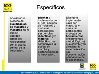 Específicos
Adelantar un     Diseñar e           Diseñar e
proceso de       implementar con     implementar
cualificación    el (los) equipos    junto con
de maestros y    de maestros y       maestros y
                 maestras            maestras
maestras en el   participantes,      participantes
que se           secuencias          una caja de
aborden          didácticas y/o      herramientas
temáticas        material            (instrumentos
relacionadas     didáctico que       metodológicos)
con el asunto    contribuya a la     que contribuyan
central de la    puesta en           a realizar la
innovación.      marcha y            sistematización
                 sostenibilidad de   y/o
                 la innovación.      documentación
                                     permanente de
                                     la experiencia.
 