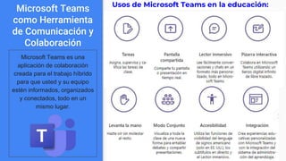 Microsoft Teams
como Herramienta
de Comunicación y
Colaboración
Microsoft Teams es una
aplicación de colaboración
creada para el trabajo híbrido
para que usted y su equipo
estén informados, organizados
y conectados, todo en un
mismo lugar.
Usos de Microsoft Teams en la educación:
 