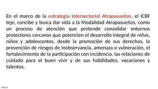 En el marco de la estrategia intersectorial Atrapasueños, el ICBF
teje, concibe y busca dar vida a la Modalidad Atrapasueños, como
un proceso de atención que pretende consolidar entornos
protectores cercanos que potencien el desarrollo integral de niñas,
niños y adolescentes, desde la promoción de sus derechos, la
prevención de riesgos de inobservancia, amenaza o vulneración, el
fortalecimiento de la participación con incidencia, las relaciones de
cuidado para el buen vivir y de sus habilidades, vocaciones y
talentos.
PÚBLICA
 