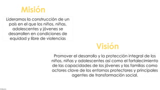 Misión
PÚBLICA
Lideramos la construcción de un
país en el que los niños, niñas,
adolescentes y jóvenes se
desarrollen en condiciones de
equidad y libre de violencias
Visión
Promover el desarrollo y la protección integral de los
niños, niñas y adolescentes así como el fortalecimiento
de las capacidades de los jóvenes y las familias como
actores clave de los entornos protectores y principales
agentes de transformación social.
 