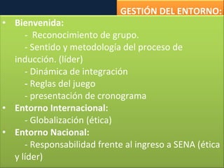 GESTIÓN DEL ENTORNO: Bienvenida:  -  Reconocimiento de grupo. - Sentido y metodología del proceso de inducción. (líder) - Dinámica de integración  -  Reglas del juego  - presentación de cronograma  Entorno Internacional: -  Globalización (ética) Entorno Nacional: - Responsabilidad frente al ingreso a SENA  (ética y líder) 