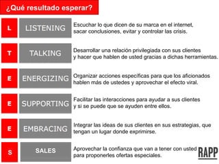 ¿Qué resultado esperar? S SALES Escuchar lo que dicen de su marca en el internet, sacar conclusiones, evitar y controlar las crisis. Desarrollar una relación privilegiada con sus clientes y hacer que hablen de usted gracias a dichas herramientas. Organizar acciones específicas para que los aficionados hablen más de ustedes y aprovechar el efecto viral. Facilitar las interacciones para ayudar a sus clientes  y si se puede que se ayuden entre ellos. Integrar las ideas de sus clientes en sus estrategias, que  tengan un lugar donde exprimirse. Aprovechar la confianza que van a tener con usted para proponerles ofertas especiales. 