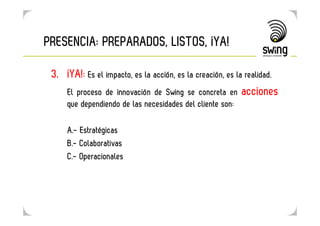 PRESENCIA: PREPARADOS, LISTOS, ¡YA!

 3. ¡YA!: Es el impacto, es la acción, es la creación, es la realidad.
    El proceso de innovación de Swing se concreta en acciones
     que dependiendo de las necesidades del cliente son:

     A.- Estratégicas
     B.- Colaborativas
     C.- Operacionales
 