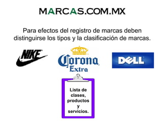 Para efectos del registro de marcas deben
distinguirse los tipos y la clasificación de marcas.
Lista de
clases,
productos
y
servicios.
 
