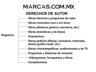 DERECHOS DE AUTOR
Registros
Obras literarias y programas de radio
Obras musicales (con o sin letra)
Obras plásticas (pintura, escultura, etc.)
Obras dramáticas y de danza
Arquitectura
Obras gráficas (Dibujo, caricatura, historieta,
diseño gráfico textil, etc.)
Obras cinematográficas, audiovisuales y de TV
Programas y Sistemas de cómputo
Videogramas, fonogramas y libros
Compilaciones
 