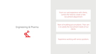 From our vast experience with clients,
comes the need to create a new
recruitment department
Team of multilingual consultants. Their aim
is to satisfy the recruitment needs of our
clients.
Experience working with senior positions
Engineering & Pharma
13
 