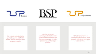 20
TSP | Interim provides highly
qualified, dynamic and flexible
leaders (Interim Managers) for a
temporary project.
Executive recruitment
company dedicated to create
professional links between high
level companies and the right
professionals to fill strategic
positions.
TSP | Outplacement is a
comprehensive process to assist
people in finding new job /career
opportunities.
 