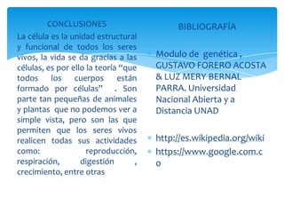 CONCLUSIONES
La célula es la unidad estructural
y funcional de todos los seres
vivos, la vida se da gracias a las
células, es por ello la teoría “que
todos los cuerpos están
formado por células” . Son
parte tan pequeñas de animales
y plantas que no podemos ver a
simple vista, pero son las que
permiten que los seres vivos
realicen todas sus actividades
como: reproducción,
respiración, digestión ,
crecimiento, entre otras
BIBLIOGRAFÍA
Modulo de genética ,
GUSTAVO FORERO ACOSTA
& LUZ MERY BERNAL
PARRA. Universidad
Nacional Abierta y a
Distancia UNAD
http://es.wikipedia.org/wiki
https://www.google.com.c
o
 