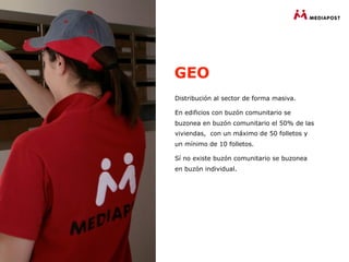 GEO
Distribución al sector de forma masiva.

En edificios con buzón comunitario se
buzonea en buzón comunitario el 50% de las
viviendas, con un máximo de 50 folletos y
un mínimo de 10 folletos.

Sí no existe buzón comunitario se buzonea
en buzón individual.
 