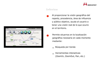 Infoview

    Al proporcionar la visión geográfica del
    reparto, procedencia, área de influencia
    y público objetivo, ayuda al usuario a
    tener una visión real de lo que ocurre
    en el territorio.


    Permite situarnos en la localización
    geográfica necesaria en cada momento
    mediante:


       Búsqueda por tienda


       Herramientas interactivas
       (ZoomIn, ZoomOut, Pan, etc.)
 
