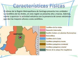 El relieve de la Región Metropolitana de Santiago presenta tres unidades:
La Cordillera de los Andes, en esta región se presenta alta y maciza. Además,
vuelve a aparecer la actividad volcánica con la presencia de conos volcánicos
que dan las mayores alturas a esta cordillera.
 