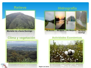 Relieve
Clima y vegetación
Montaña vía a Santo Domingo Río Boconó
Actividades Económicas
Hidrografía
Región Los Llanos
Río Apure Río Masparro Rio Santo
Domingo
 