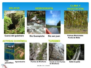 Cueva del guácharo Río Guarapiche Palmas Morichales
Punta de Mata
Río san juan
Faja
petrolífera
Agroindustria Puertas de Miraflores Escala en las Puertas
de Miraflores
Salto la paila
 