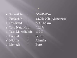    Superficie   :     356.854Km
   Población    :     81.966.00h (Alemanes).
   Densidad     :     229.8 h/km.
   Tasa Natalidad:    10,4%
   Tasa Mortalidad:   11,3%
   Capital      :     Berlín
   Idioma       :     Alemán.
   Moneda       :     Euro.
 