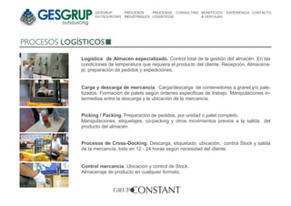 GESGRUP       PROCESOS     PROCESOS CONSULTING BENEFICIOS   EXPERIENCIA CONTACTO
      OUTSOURCING   INDUSTRIALES LOGISTICOS          & VENTAJAS




Logística de Almacén especializado. Control total de la gestión del almacén. En las
condiciones de temperatura que requiera el producto del cliente. Recepción, Almacena-
je, preparación de pedidos y expediciones.


Carga y descarga de mercancía. Carga/descarga de contenedores a granel y/o pale-
tizados. Formación de palets según órdenes especificas de trabajo. Manipulaciones in-
termedias entre la descarga y la ubicación de la mercancía.


Picking / Packing. Preparación de pedidos, por unidad o palet completo.
Manipulaciones, etiquetajes, co-packing y otros movimientos previos a la salida del
producto del almacén.


Procesos de Cross-Docking. Descarga, etiquetado, ubicación, control Stock y salida
de la mercancía, todo en 12 - 24 horas según necesidad del cliente.


Control mercancía. Ubicación y control de Stock.
Almacenaje de producto en cualquier formato.
 