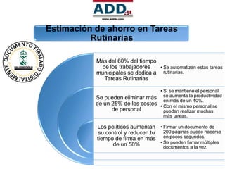 Estimación de ahorro en Tareas
          Rutinarias

           Más del 60% del tiempo
            de los trabajadores    • Se automatizan estas tareas
           municipales se dedica a rutinarias.
             Tareas Rutinarias

                                   • Si se mantiene el personal
           Se pueden eliminar más se aumenta la 40%.
                                     en más de un
                                                   productividad
           de un 25% de los costes • Con el mismo personal se
                 de personal         pueden realizar muchas
                                     más tareas.

           Los políticos aumentan • Firmar un documento de
            su control y reducen tu   200 páginas puede hacerse
           tiempo de firma en más en pocos segundos.
                  de un 50%         • Se pueden firmar múltiples
                                      documentos a la vez.
 