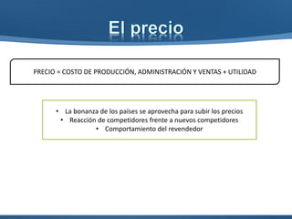 Mercado de
insumos
Usos
Disponibilidad
Origen
Precio
Comercialización
Ubicación
 