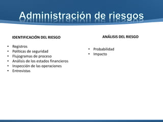 • TIR: Es la tasa de descuento por la cual
el VPN es igual a cero – Tasa que iguala
la suma de los flujos descontados a la
inversión inicial.
• Se denomina interna porque se supone
que el dinero que se genera en cada
periodo se reinvierte en el proyecto.
• Si la TIR es mayor a la TMAR, acepte la
inversión
 