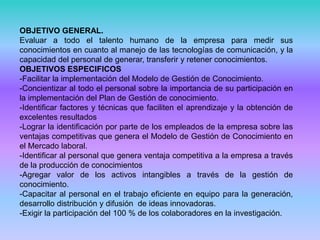 OBJETIVO GENERAL.
Evaluar a todo el talento humano de la empresa para medir sus
conocimientos en cuanto al manejo de las tecnologías de comunicación, y la
capacidad del personal de generar, transferir y retener conocimientos.
OBJETIVOS ESPECIFICOS
-Facilitar la implementación del Modelo de Gestión de Conocimiento.
-Concientizar al todo el personal sobre la importancia de su participación en
la implementación del Plan de Gestión de conocimiento.
-Identificar factores y técnicas que faciliten el aprendizaje y la obtención de
excelentes resultados
-Lograr la identificación por parte de los empleados de la empresa sobre las
ventajas competitivas que genera el Modelo de Gestión de Conocimiento en
el Mercado laboral.
-Identificar al personal que genera ventaja competitiva a la empresa a través
de la producción de conocimientos
-Agregar valor de los activos intangibles a través de la gestión de
conocimiento.
-Capacitar al personal en el trabajo eficiente en equipo para la generación,
desarrollo distribución y difusión de ideas innovadoras.
-Exigir la participación del 100 % de los colaboradores en la investigación.
 