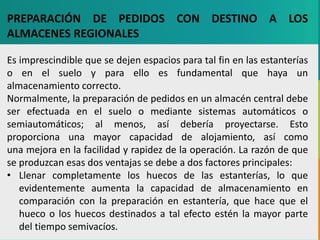 GC-F-004 V.01
PREPARACIÓN DE PEDIDOS CON DESTINO A LOS
ALMACENES REGIONALES
Es imprescindible que se dejen espacios para tal fin en las estanterías
o en el suelo y para ello es fundamental que haya un
almacenamiento correcto.
Normalmente, la preparación de pedidos en un almacén central debe
ser efectuada en el suelo o mediante sistemas automáticos o
semiautomáticos; al menos, así debería proyectarse. Esto
proporciona una mayor capacidad de alojamiento, así como
una mejora en la facilidad y rapidez de la operación. La razón de que
se produzcan esas dos ventajas se debe a dos factores principales:
• Llenar completamente los huecos de las estanterías, lo que
evidentemente aumenta la capacidad de almacenamiento en
comparación con la preparación en estantería, que hace que el
hueco o los huecos destinados a tal efecto estén la mayor parte
del tiempo semivacíos.
 