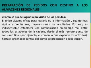 GC-F-004 V.01
PREPARACIÓN DE PEDIDOS CON DESTINO A LOS
ALMACENES REGIONALES
¿Cómo se puede lograr la previsión de los pedidos?
El único sistema eficaz para lograrlo es la información y cuanto más
rápida y precisa sea, mejores serán los resultados. Por eso, es
indispensable establecer una comunicación en tiempo real entre
todos los eslabones de la cadena, desde el más remoto punto de
consumo final (por ejemplo, el comercio que expende los artículos),
hasta el ordenador central del punto de producción o recolección.
 