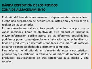 GC-F-004 V.01
RÁPIDA EXPEDICIÓN DE LOS PEDIDOS
ZONA DE ALMACENAMIENTO
El diseño del área de almacenamiento dependerá de si se va a llevar
a cabo una preparación de pedidos en la instalación y si esta se va a
realizar en las estanterías.
En un almacén central esta área puede estar formada por una o
varias secciones. Como el objetivo de este manual es facilitar la
mayor información posible acerca de las diferentes posibilidades,
podríamos poner como ejemplo, una instalación que recibe diversos
tipos de productos, en diferentes cantidades, con índices de rotación
dispares y con necesidades de alojamiento complejas.
Para efectuar el diseño de un almacén de estas características,
primero hay que elaborar un estudio de los índices de rotación de los
productos, clasificándolos en tres categorías: baja, media y alta
rotación.
 