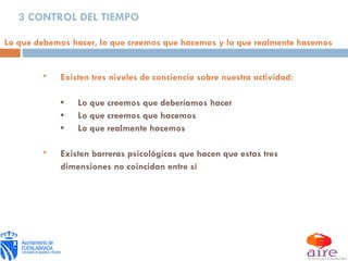 3 CONTROL DEL TIEMPO Existen tres niveles de conciencia sobre nuestra actividad: • Lo que creemos que deberíamos hacer • Lo que creemos que hacemos • Lo que realmente hacemos Existen barreras psicológicas que hacen que estas tres dimensiones no coincidan entre sí Lo que debemos hacer, lo que creemos que hacemos y lo que realmente hacemos 