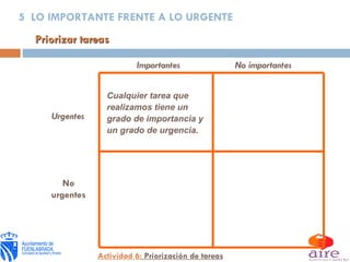 No urgentes Urgentes Importantes No importantes 5  LO IMPORTANTE FRENTE A LO URGENTE Priorizar tareas Actividad 6:  Priorización de tareas Cualquier tarea que realizamos tiene un grado de importancia y un grado de urgencia. 