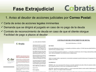 Fase Extrajudicial 1. Aviso al deudor de acciones judiciales por  Correo Postal: Carta de aviso de acciones legales inminentes Demanda que se dirigirá al juzgado en caso de no pago de la deuda Contrato de reconocimiento de deuda en caso de que el cliente otorgue Facilidad de pago a plazos al deudor 