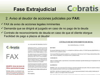 Fase Extrajudicial 2. Aviso al deudor de acciones judiciales por  FAX: FAX de aviso de acciones legales inminentes Demanda que se dirigirá al juzgado en caso de no pago de la deuda Contrato de reconocimiento de deuda en caso de que el cliente otorgue Facilidad de pago a plazos al deudor 