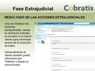 Fase Extrajudicial RESULTADO DE LAS ACCIONES EXTRAJUDICIALES: Una vez finalicen las acciones extrajudiciales, desde la central de Cobratis se enviará un e-mail al cliente para informarle acerca de la evolución de éstas . Adicionalmente el cliente también podrá informarse por Teléfono o desde su zona privada 