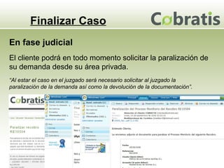 Finalizar Caso El cliente podrá en todo momento solicitar la paralización de su demanda desde su área privada. En fase judicial “ Al estar el caso en el juzgado será necesario solicitar al juzgado la paralización de la demanda así como la devolución de la documentación”. 