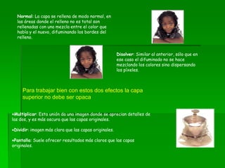 Normal: La capa se rellena de modo normal, en
las áreas donde el relleno no es total son
rellenadas con una mezcla entre el color que
había y el nuevo, difuminando los bordes del
relleno.
Disolver: Similar al anterior, sólo que en
ese caso el difuminado no se hace
mezclando los colores sino dispersando
los píxeles.
Multiplicar: Esta unión da una imagen donde se aprecian detalles de
las dos, y es más oscura que las capas originales.
Dividir: imagen más clara que las capas originales.
Pantalla: Suele ofrecer resultados más claros que las capas
originales.
Para trabajar bien con estos dos efectos la capa
superior no debe ser opaca
 