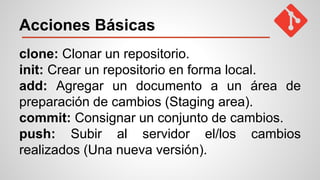 Acciones Básicas
clone: Clonar un repositorio.
init: Crear un repositorio en forma local.
add: Agregar un documento a un área de
preparación de cambios (Staging area).
commit: Consignar un conjunto de cambios.
push: Subir al servidor el/los cambios
realizados (Una nueva versión).
 