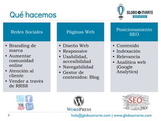 Redes Sociales
• Branding de
marca
• Aumentar
comunidad
online
• Atención al
cliente
• Vender a través
de RRSS
Páginas Web
• Diseño Web
• Responsive
• Usabilidad,
accesibilidad
• Navegabilidad
• Gestor de
contenidos: Blog
Posicionamiento
SEO
• Contenido
• Indexación
• Relevancia
• Analítica web
(Google
Analytics)
Qué hacemos
hola@globoamarte.com | www.globoamarte.com
 