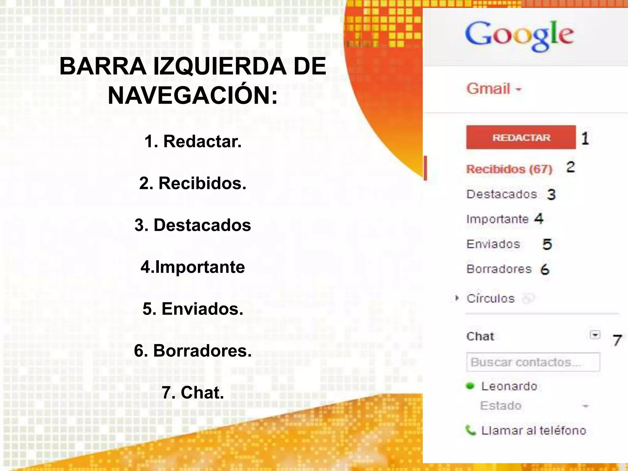 BARRA IZQUIERDA DE
   NAVEGACIÓN:
      1. Redactar.

     2. Recibidos.

     3. Destacados

     4.Importante

     5. Enviados.

     6. Borradores.

        7. Chat.
 